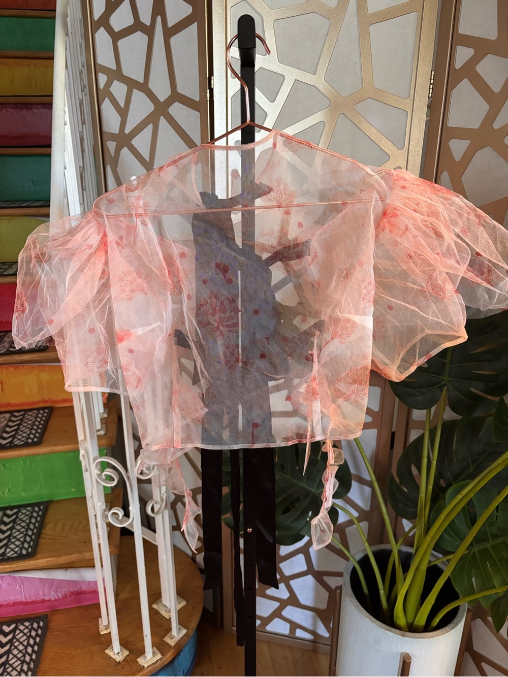 Simone Rocha x H&M Pink Floral Tulle Puff Sleeve Ribbon Tie Top NWT